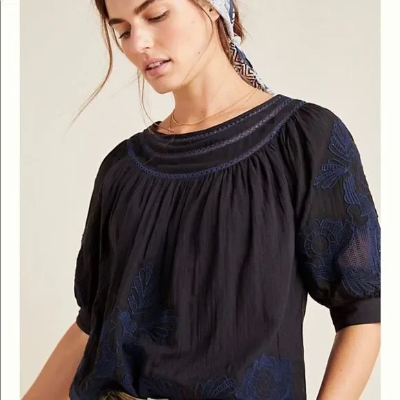 Anthropologie Navy Blue Peasant Blouse NWT - Picture 2 of 10